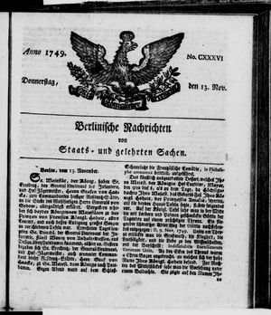Berlinische Nachrichten von Staats- und gelehrten Sachen vom 13.11.1749