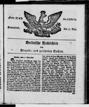 Berlinische Nachrichten von Staats- und gelehrten Sachen vom 15.11.1749