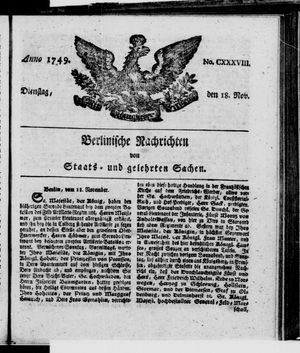 Berlinische Nachrichten von Staats- und gelehrten Sachen vom 18.11.1749