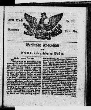 Berlinische Nachrichten von Staats- und gelehrten Sachen vom 22.11.1749