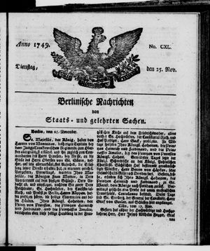 Berlinische Nachrichten von Staats- und gelehrten Sachen vom 25.11.1749