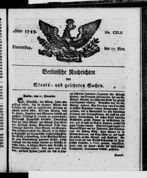 Berlinische Nachrichten von Staats- und gelehrten Sachen vom 27.11.1749