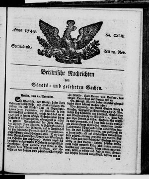 Berlinische Nachrichten von Staats- und gelehrten Sachen vom 29.11.1749