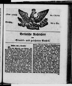 Berlinische Nachrichten von Staats- und gelehrten Sachen vom 09.12.1749