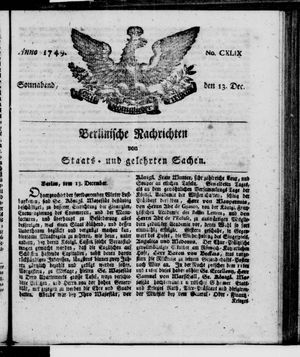 Berlinische Nachrichten von Staats- und gelehrten Sachen vom 13.12.1749