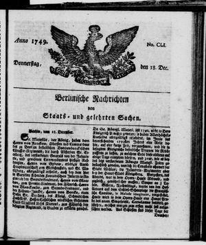 Berlinische Nachrichten von Staats- und gelehrten Sachen vom 18.12.1749