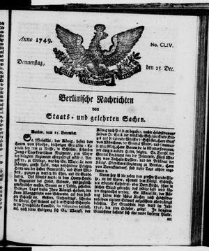 Berlinische Nachrichten von Staats- und gelehrten Sachen vom 25.12.1749