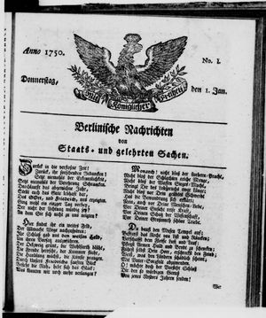 Berlinische Nachrichten von Staats- und gelehrten Sachen vom 01.01.1750