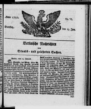Berlinische Nachrichten von Staats- und gelehrten Sachen vom 13.01.1750