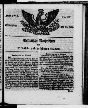 Berlinische Nachrichten von Staats- und gelehrten Sachen vom 12.02.1750
