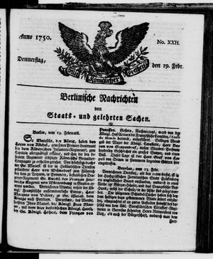 Berlinische Nachrichten von Staats- und gelehrten Sachen vom 19.02.1750