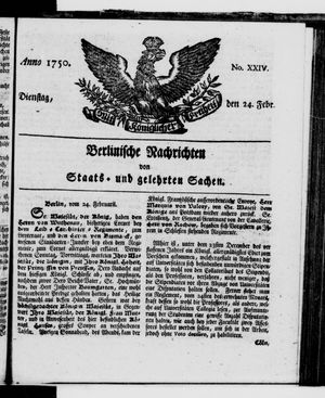 Berlinische Nachrichten von Staats- und gelehrten Sachen vom 24.02.1750