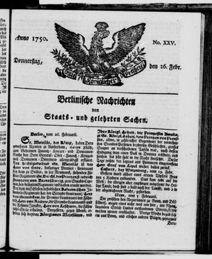 Berlinische Nachrichten von Staats- und gelehrten Sachen vom 26.02.1750