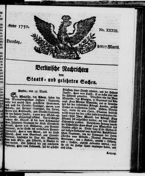 Berlinische Nachrichten von Staats- und gelehrten Sachen vom 17.03.1750