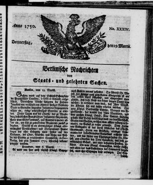 Berlinische Nachrichten von Staats- und gelehrten Sachen vom 19.03.1750