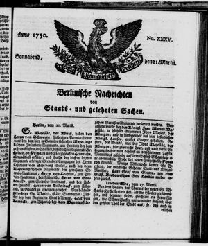 Berlinische Nachrichten von Staats- und gelehrten Sachen vom 21.03.1750