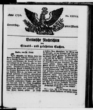 Berlinische Nachrichten von Staats- und gelehrten Sachen vom 26.03.1750