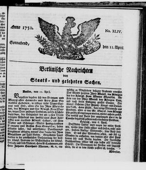 Berlinische Nachrichten von Staats- und gelehrten Sachen vom 11.04.1750