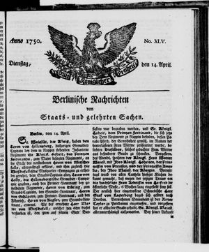 Berlinische Nachrichten von Staats- und gelehrten Sachen on Apr 14, 1750