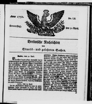 Berlinische Nachrichten von Staats- und gelehrten Sachen vom 30.04.1750