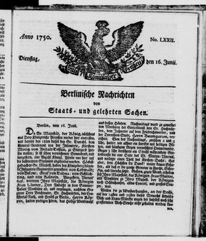 Berlinische Nachrichten von Staats- und gelehrten Sachen vom 16.06.1750