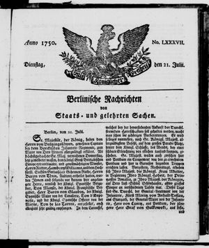 Berlinische Nachrichten von Staats- und gelehrten Sachen vom 21.07.1750