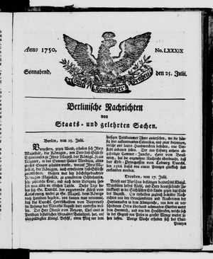 Berlinische Nachrichten von Staats- und gelehrten Sachen vom 25.07.1750