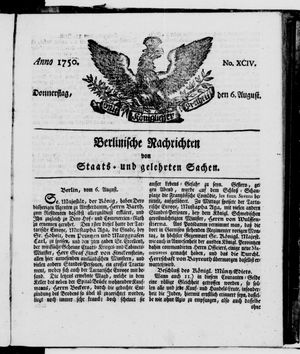Berlinische Nachrichten von Staats- und gelehrten Sachen vom 06.08.1750