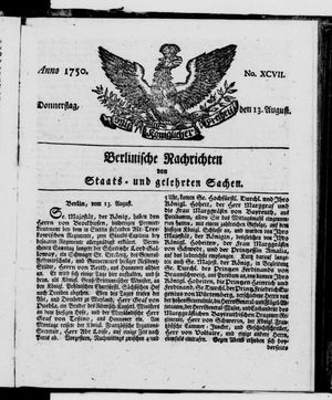 Berlinische Nachrichten von Staats- und gelehrten Sachen vom 13.08.1750