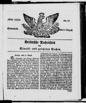 Berlinische Nachrichten von Staats- und gelehrten Sachen vom 22.08.1750