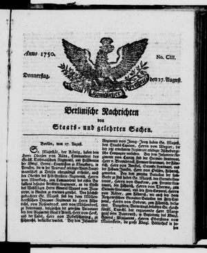 Berlinische Nachrichten von Staats- und gelehrten Sachen vom 27.08.1750