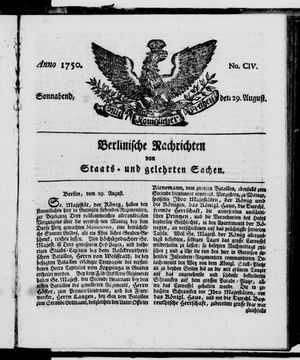 Berlinische Nachrichten von Staats- und gelehrten Sachen vom 29.08.1750