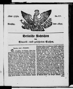 Berlinische Nachrichten von Staats- und gelehrten Sachen vom 01.09.1750
