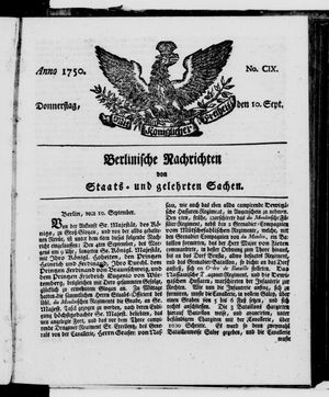 Berlinische Nachrichten von Staats- und gelehrten Sachen vom 10.09.1750