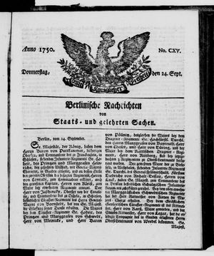 Berlinische Nachrichten von Staats- und gelehrten Sachen vom 24.09.1750