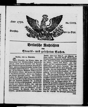 Berlinische Nachrichten von Staats- und gelehrten Sachen vom 29.09.1750