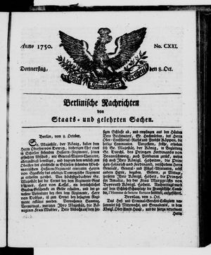 Berlinische Nachrichten von Staats- und gelehrten Sachen vom 08.10.1750