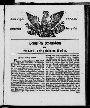 Berlinische Nachrichten von Staats- und gelehrten Sachen vom 29.10.1750