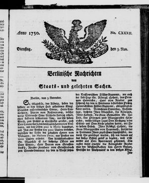 Berlinische Nachrichten von Staats- und gelehrten Sachen on Nov 3, 1750