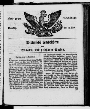 Berlinische Nachrichten von Staats- und gelehrten Sachen on Nov 17, 1750