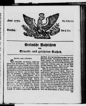 Berlinische Nachrichten von Staats- und gelehrten Sachen vom 08.12.1750