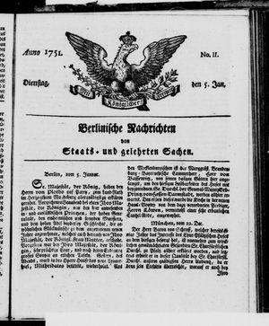 Berlinische Nachrichten von Staats- und gelehrten Sachen vom 05.01.1751