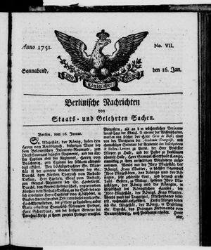 Berlinische Nachrichten von Staats- und gelehrten Sachen vom 16.01.1751