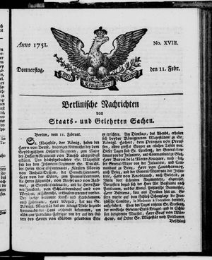 Berlinische Nachrichten von Staats- und gelehrten Sachen vom 11.02.1751