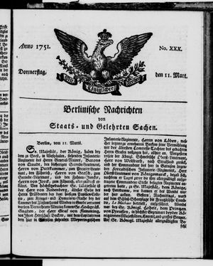 Berlinische Nachrichten von Staats- und gelehrten Sachen vom 11.03.1751
