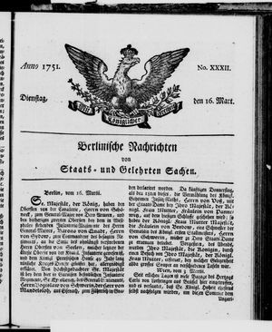 Berlinische Nachrichten von Staats- und gelehrten Sachen vom 16.03.1751