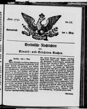Berlinische Nachrichten von Staats- und gelehrten Sachen vom 01.05.1751