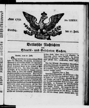 Berlinische Nachrichten von Staats- und gelehrten Sachen vom 27.07.1751