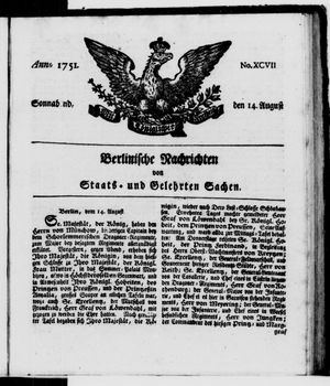 Berlinische Nachrichten von Staats- und gelehrten Sachen vom 14.08.1751