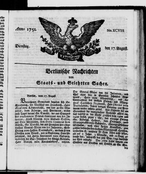 Berlinische Nachrichten von Staats- und gelehrten Sachen vom 17.08.1751